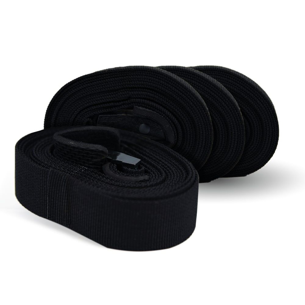 Vier schwarze Spanngurte mit Metallschnalle und Polsterpad, 25 mm × 3000 mm