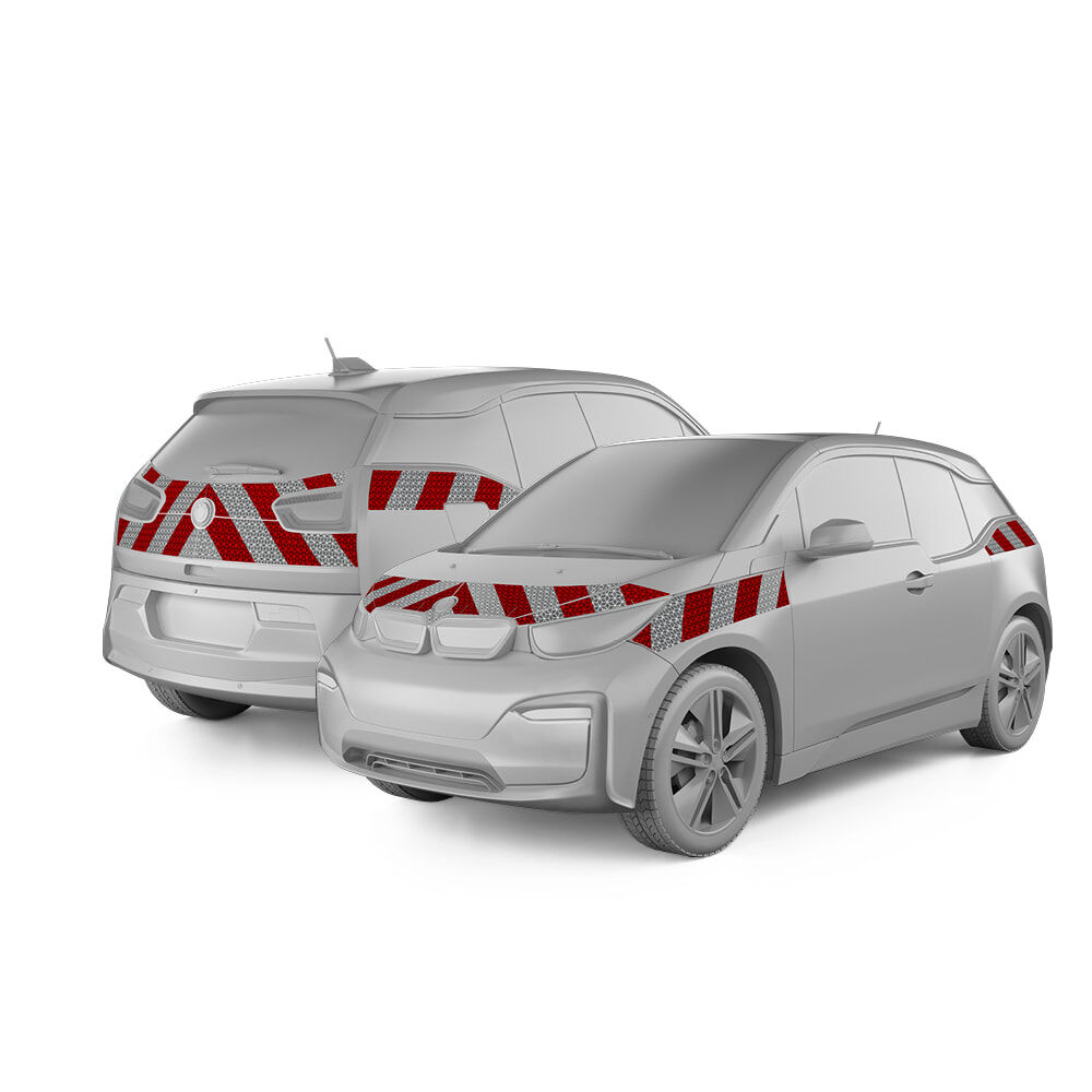 BWM i3 in Front- und Heckansicht mit Komplettwarnmarkierungssatz, Baujahr2018