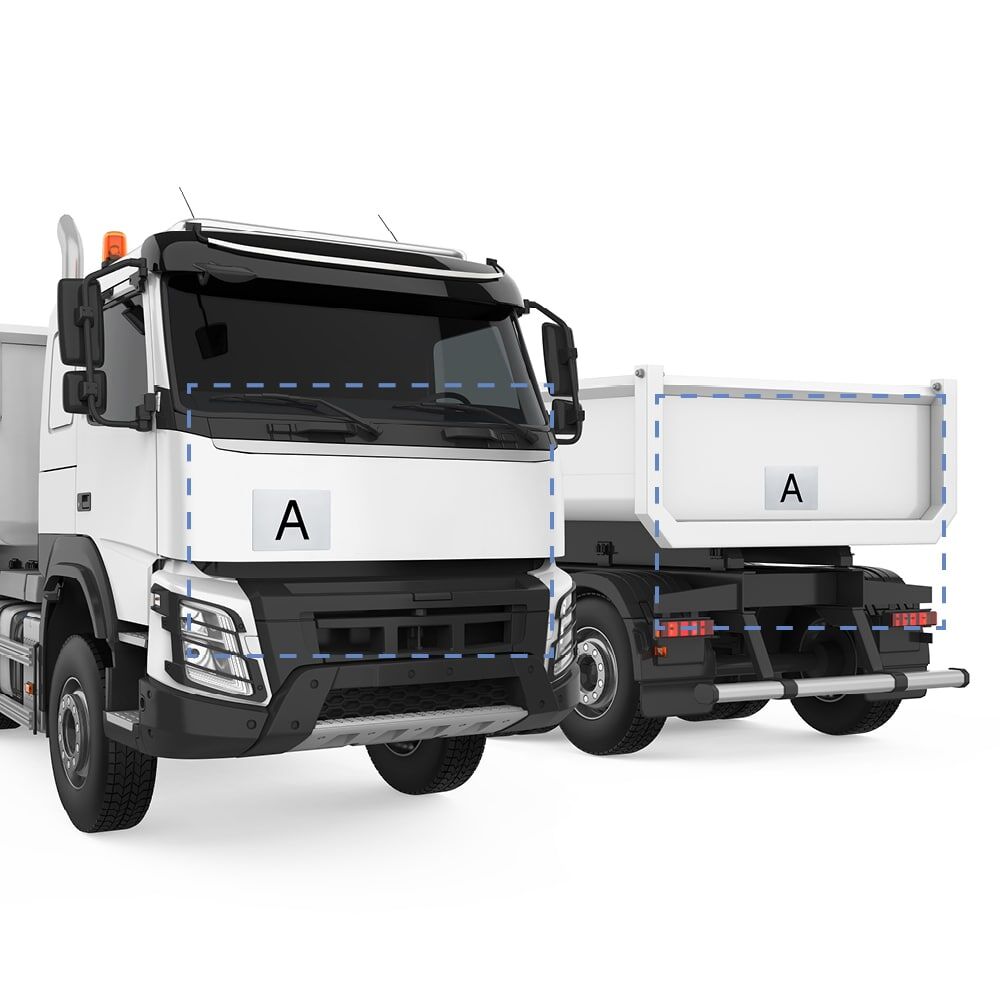 Grafik: empfohlene Positionen des A-Aufklebers an Front und Heck von Lkw