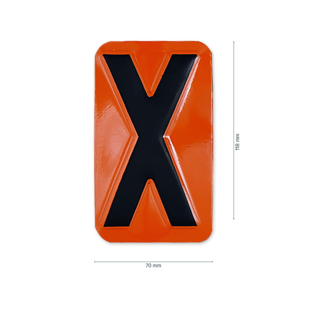 Einzelne ADR-Zifferntafel mit schwarzem „X“, 70×118 mm, auf orangefarbenem Hintergrund.
