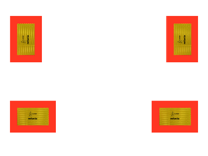 Vier Heckwarntafel-Viertelmarkierungen mit fluoreszierend-rotem Rahmen und gelb reflektierendem Innenteil, zwei horizontal oben und zwei unten vertikal angeordnet.