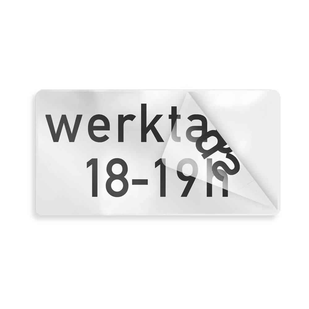 Ablösbares Overlay "werktags 18 - 19 Uhr", Ecke abgezogen