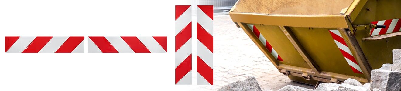 Eine rot-weiße Containermarkierung, gezeigt als horizontaler und vertikaler Streifen sowie deren Anwendung an einem gelben Container.