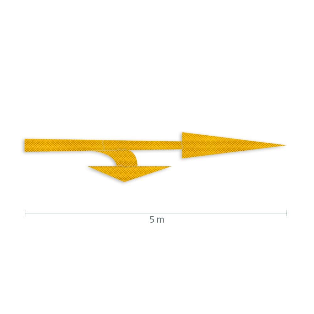 Gelber Richtungspfeil aus 3M Stamark Fahrbahnfolie mit Maßangabe: 5 m Länge
