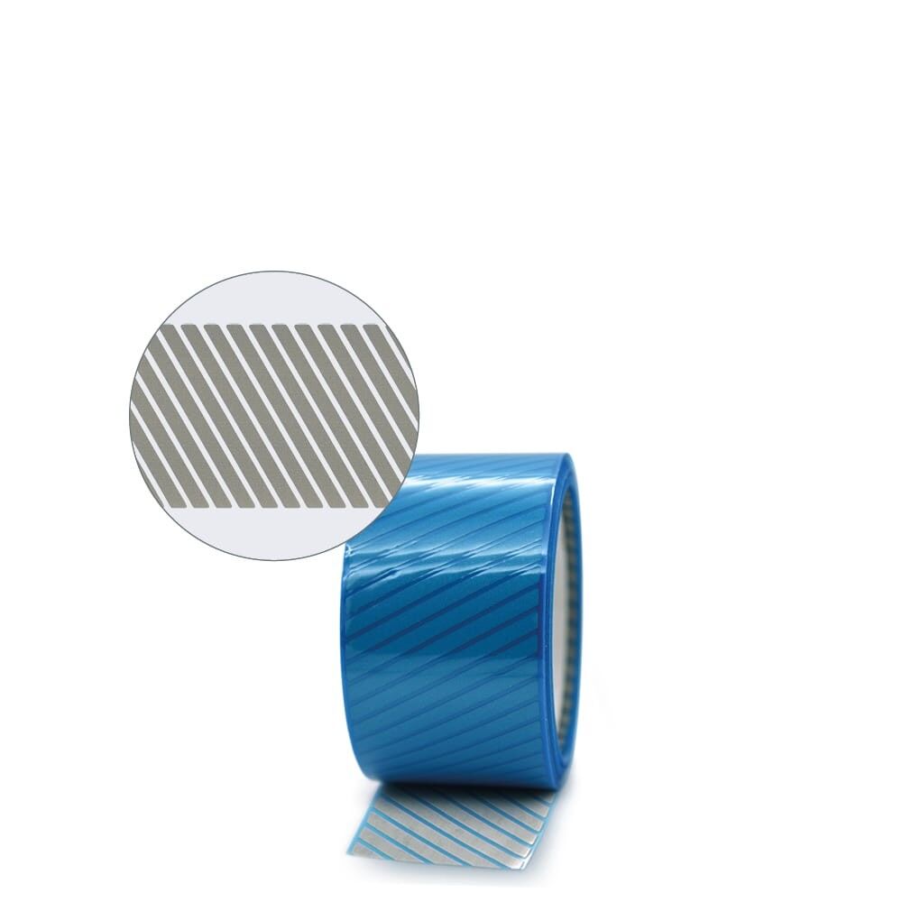 Frontale Ansicht 10 m 3M Scotchlite 5510 Rolle, silber mit blauem Liner. Detailzoom mit Segmenten
