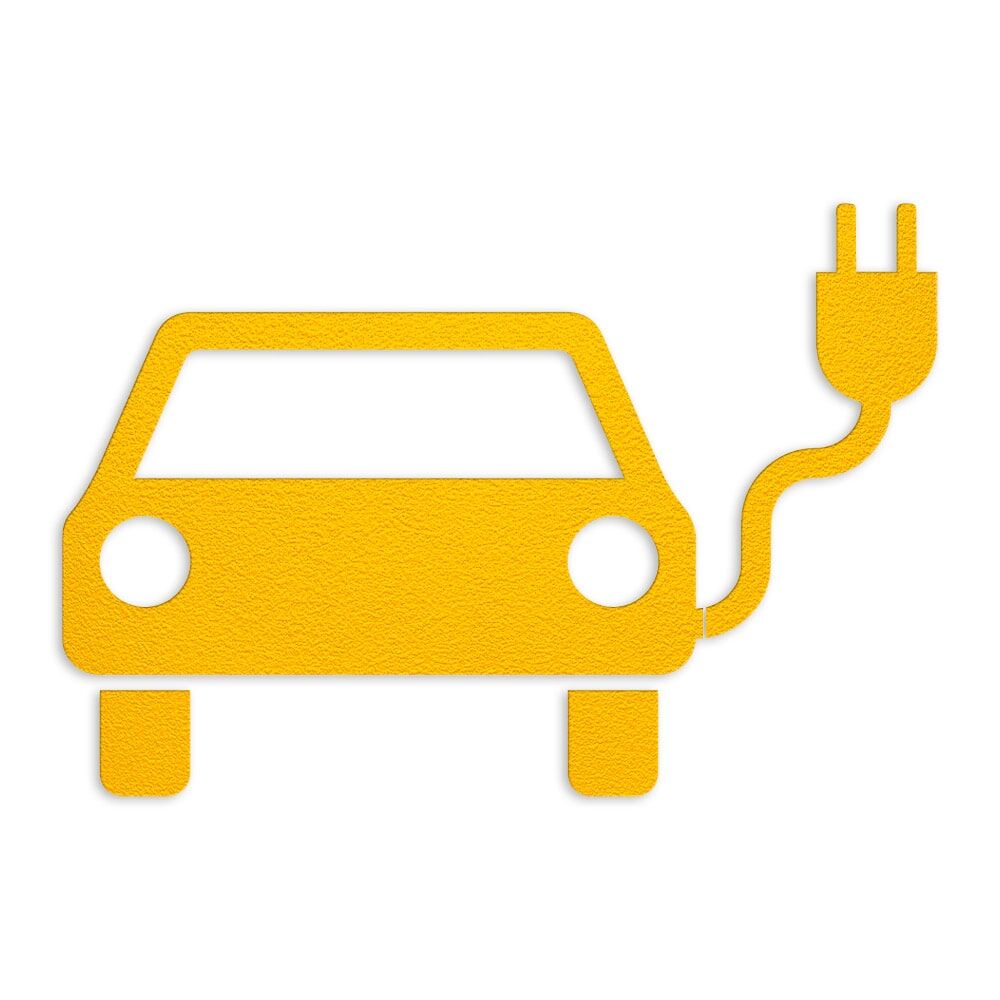 Gelbe Fahrbahnmarkierungsfolie mit Elektroauto-Symbol