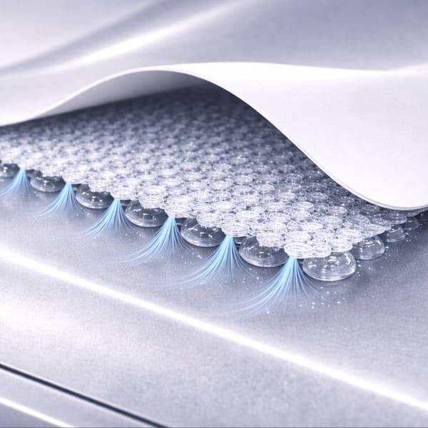 Weiße Mikrosaugnapf-Folie mit sichtbarer Saugnapfstruktur auf glatter Oberfläche