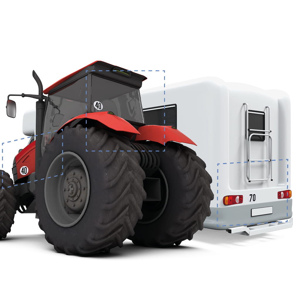 Illustration: Anbringung der Geschwindigkeitsschilder am Beispiel von Traktor und Wohnmobil