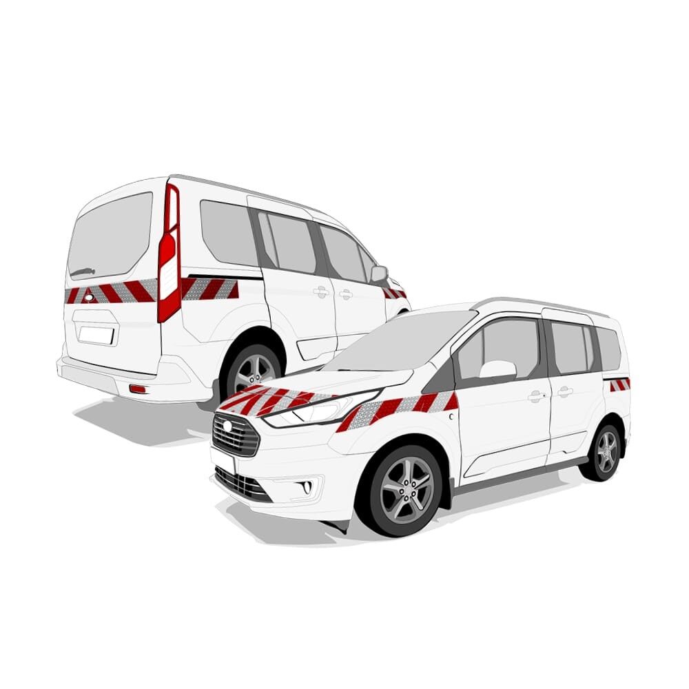 Ford Tourneo Connect in Front- und Heckansicht mit Komplettwarnmarkierungssatz, Baujahr 2018