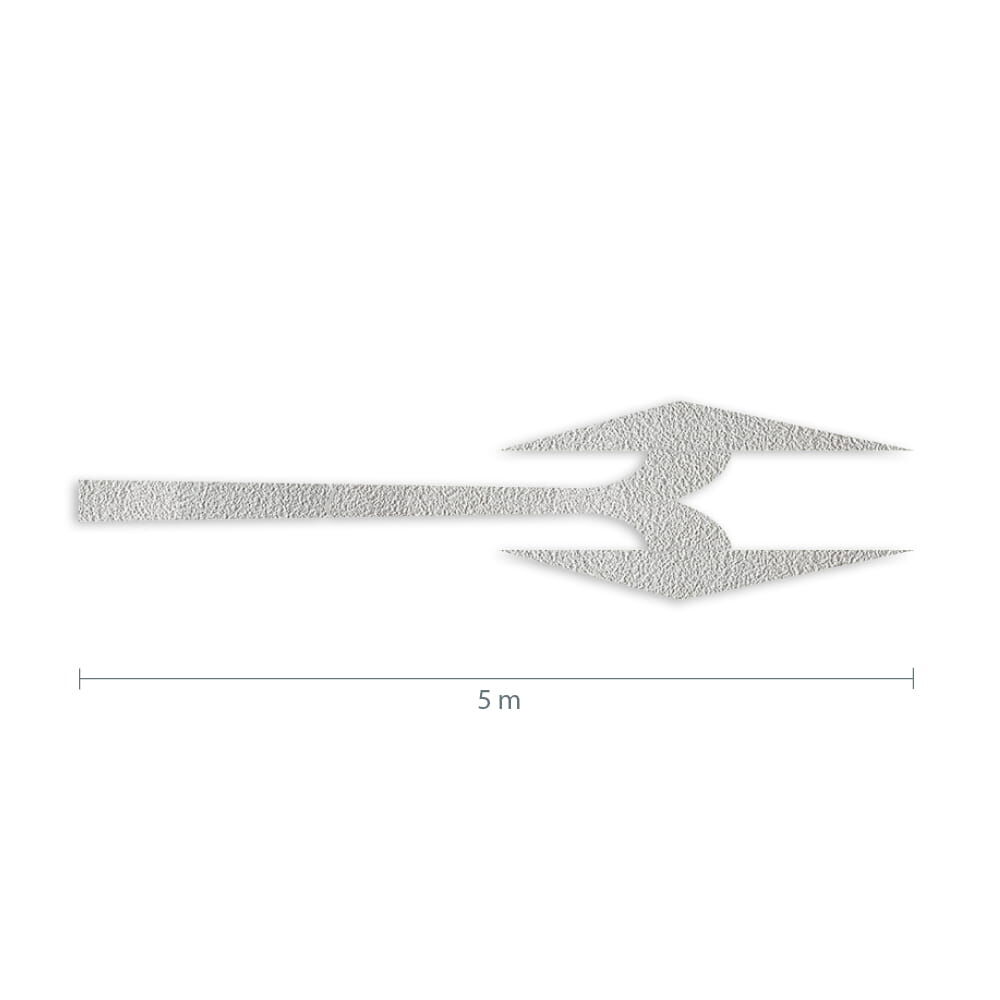 Maßgrafik des Pfeils: Länge 5 m, Verkehrsklasse P6 in weiß