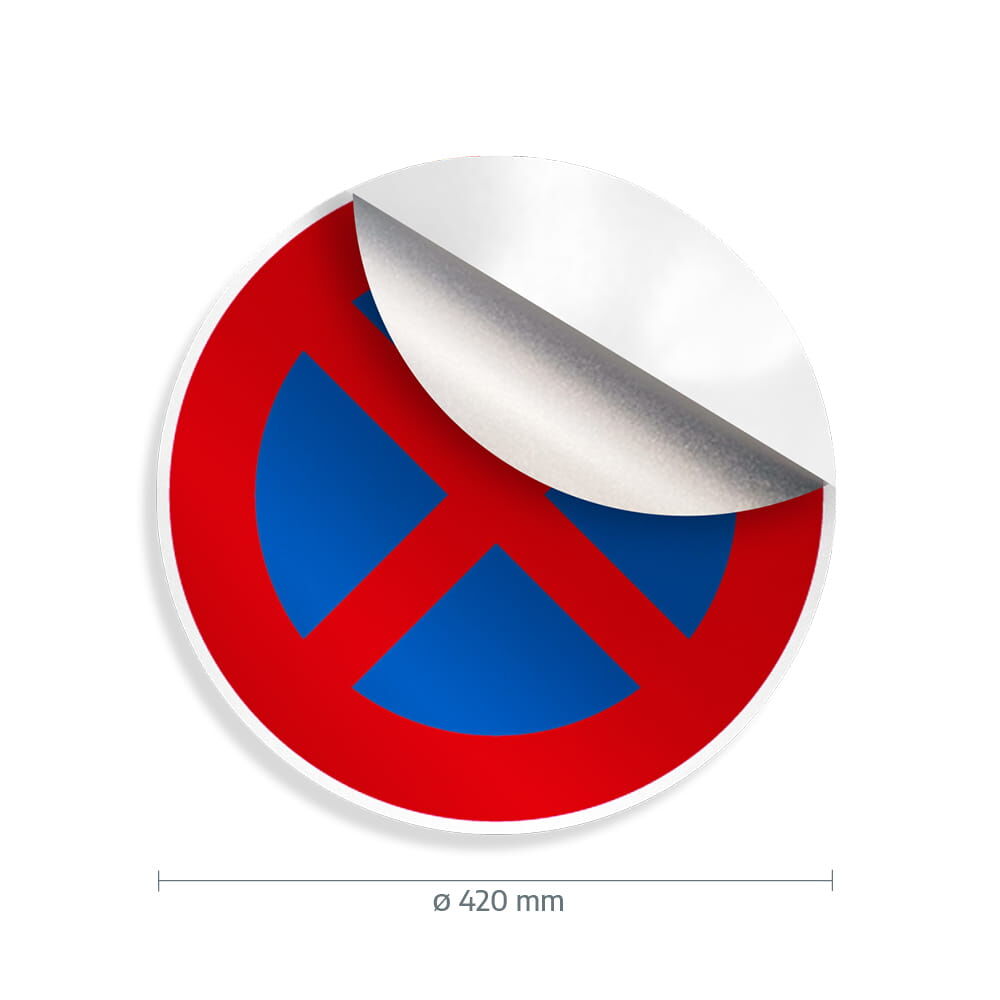 Halteverbot-Aufkleber rund, rot-blaues Kreuz, rückseitige Ecke abgezogen, Ø 420 mm