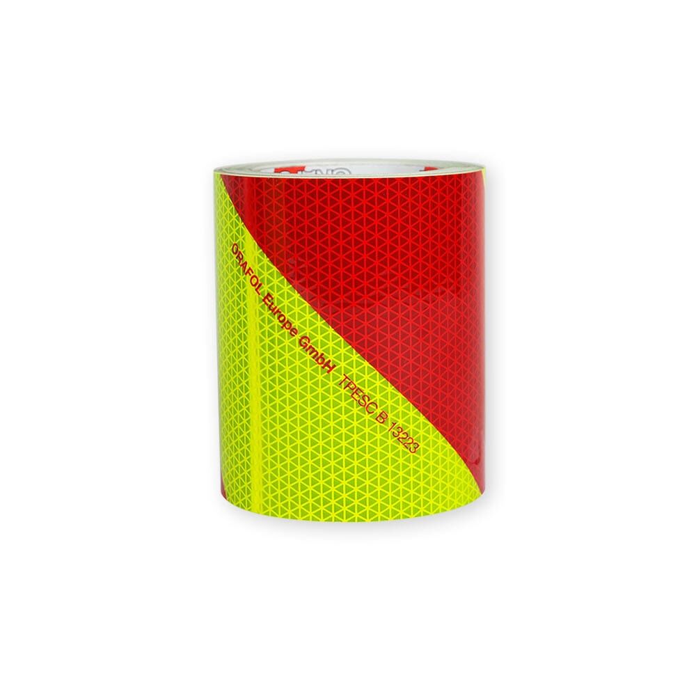 Eine Rolle ORALITE VC 612 Warnmarkierung Fluorlime-Rot, linksweisend diagonal, 141 mm.