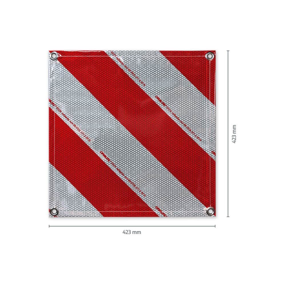 Maßangabe des Warnbanners: 423 × 423 mm mit diagonaler Pfeilung