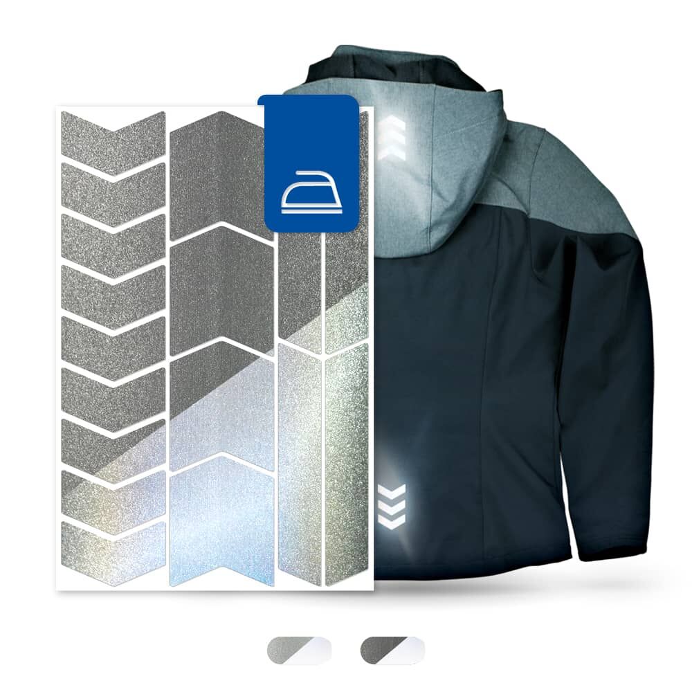 Reflexaufbügler „Pfeile groß“ auf Jacke appliziert, Rückansicht mit Reflexionseffekt
