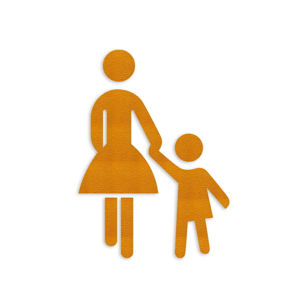 Gelbes Stamark Mutter-Kind Piktogramm als Fahrbahnmarkierung