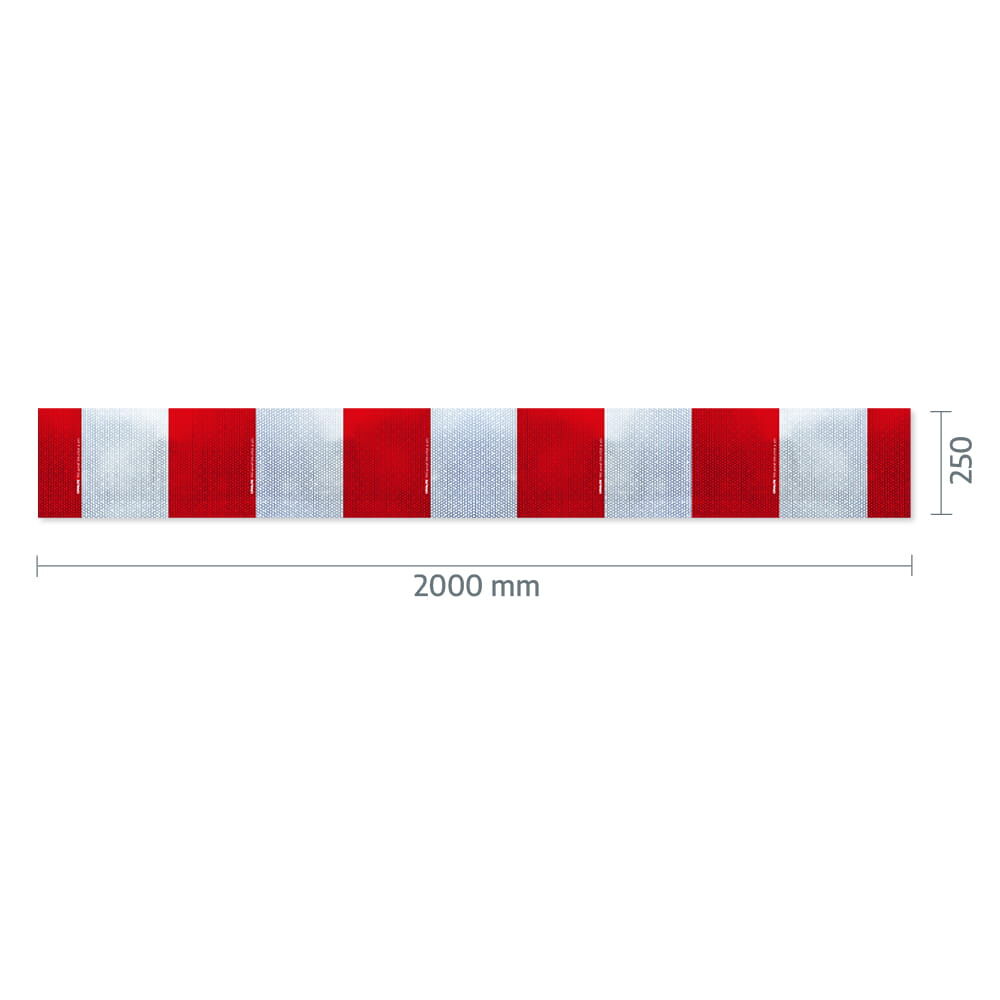 Maßskizze Zuschnitt RA2/C 250 mm × 2000 mm, rot-weiß, hochreflektierend