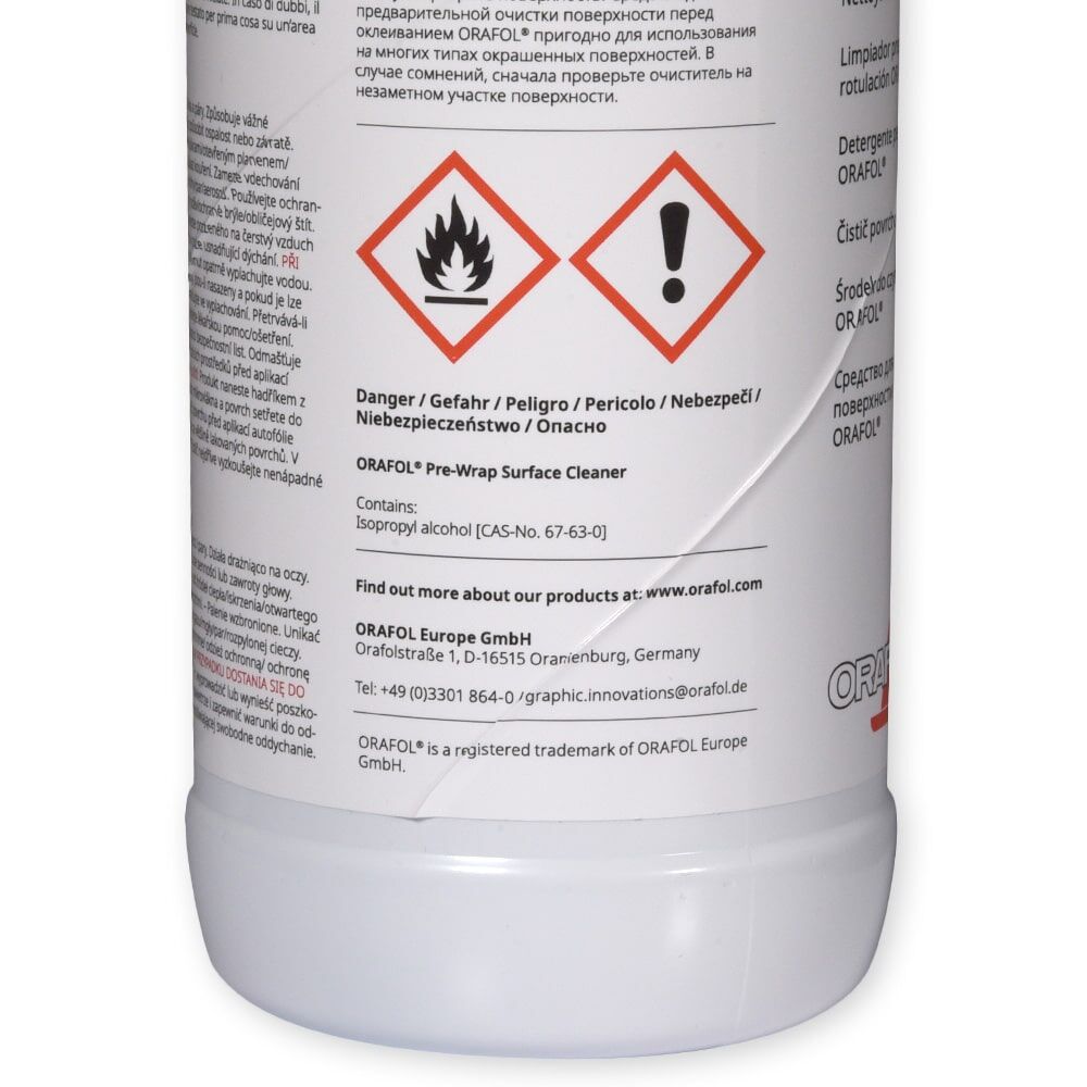Rückseite ORAFOL Pre-Wrap Surface Cleaner mit Gefahrensymbolen und Herstellerangaben