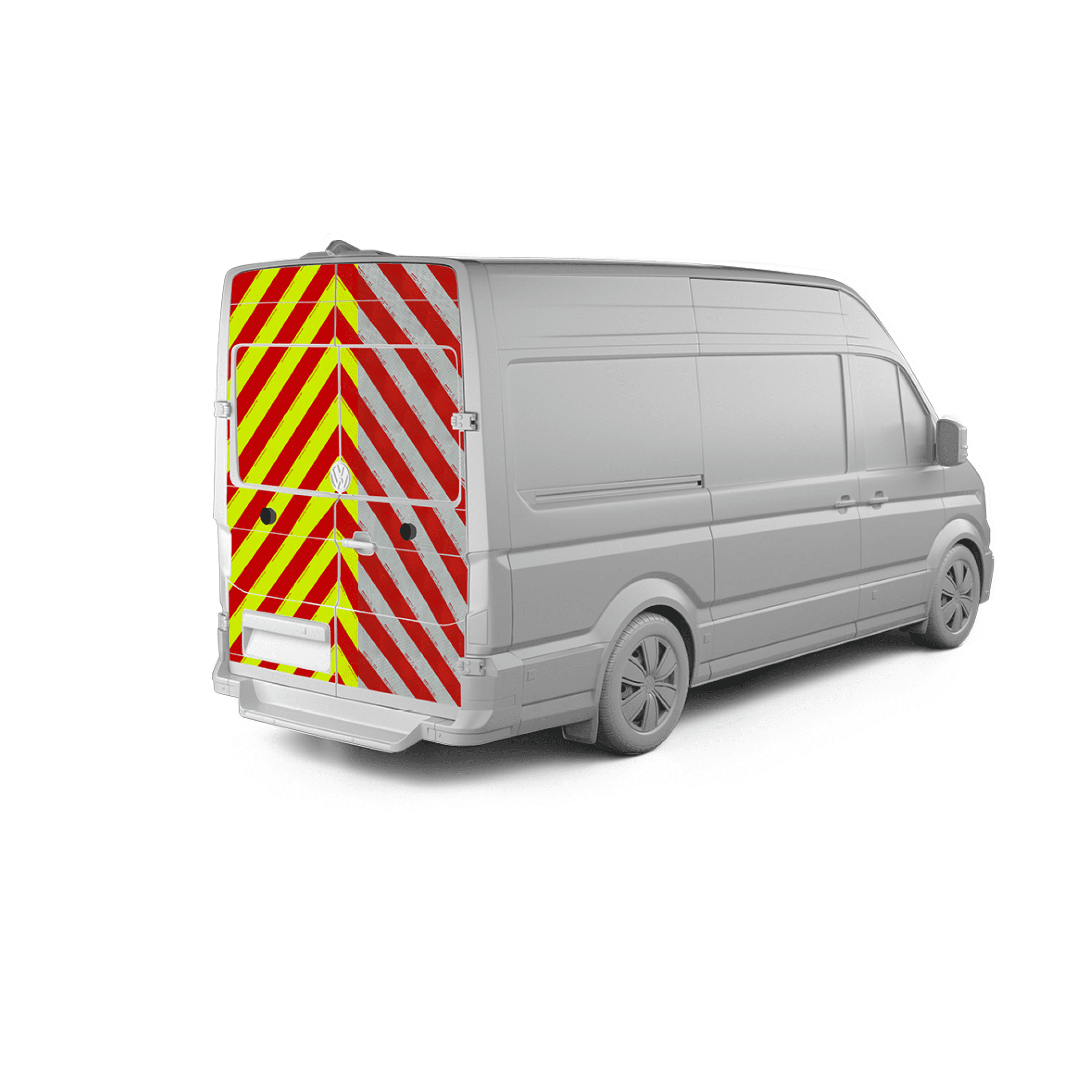 Heck eines Transporters mit rot-gelber Warnmarkierung in diagonalen Streifen.