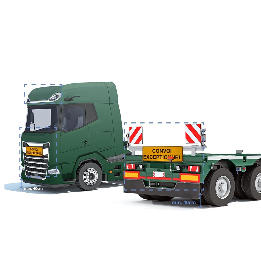 Montagebeispiel des Schilds an Front und Heck eines grünen Schwertransport-LKWs