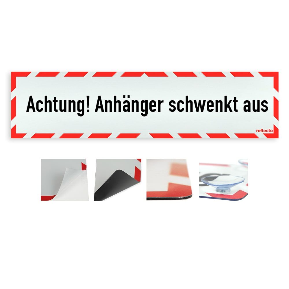 Hinweisschild „Achtung! Anhänger schwenkt aus“ mit rot-weißem Rahmen, Variantenübersicht