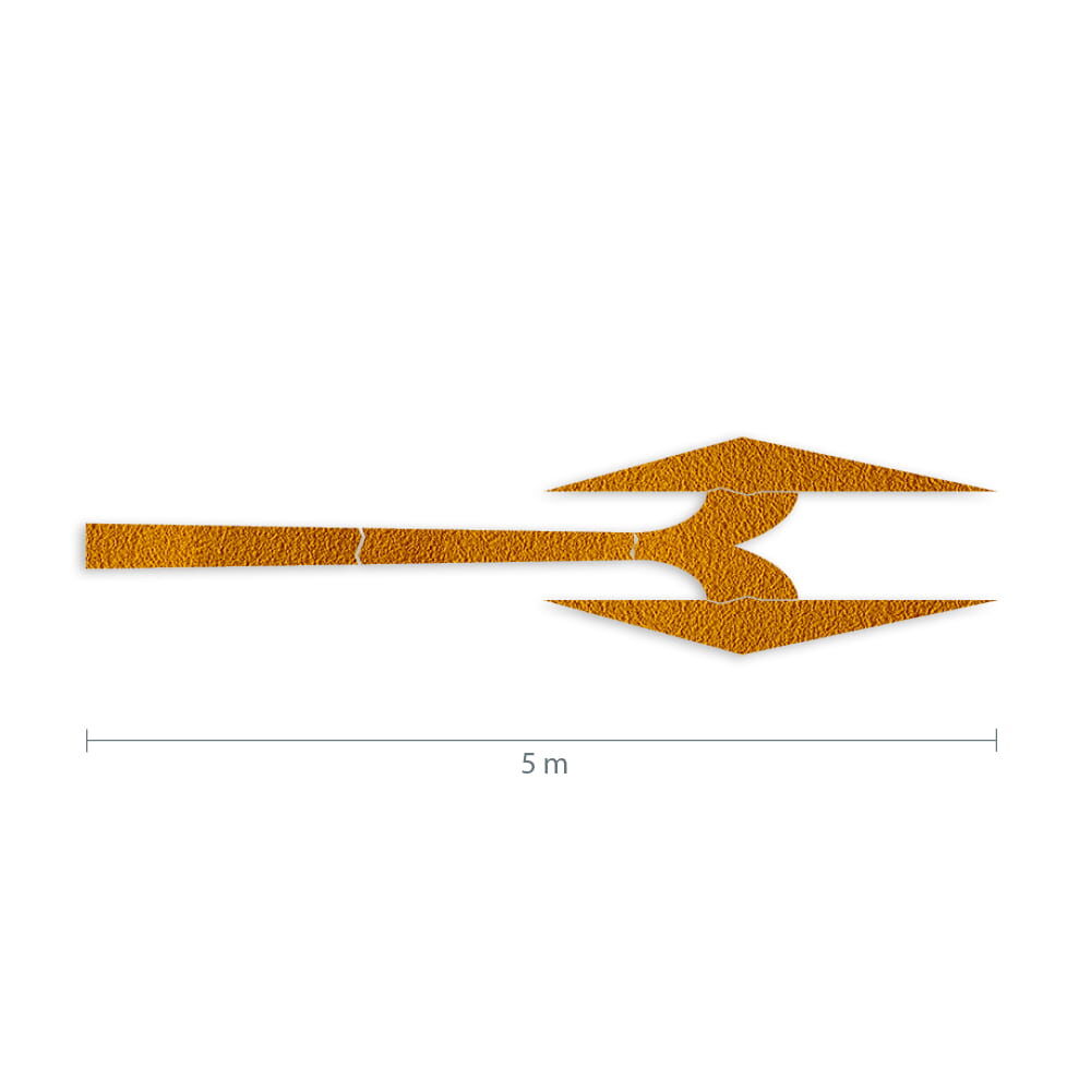 Maßgrafik des Pfeils: Länge 5 m, Verkehrsklasse P6 in gelb