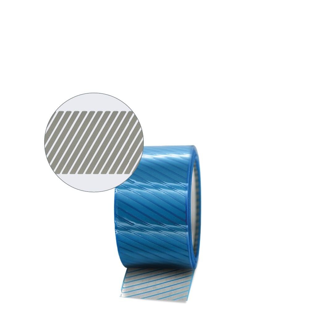 Frontale Ansicht 10m 3M Scotchlite 5510 Rolle, silber mit blauem Liner. Detailzoom mit Segmenten