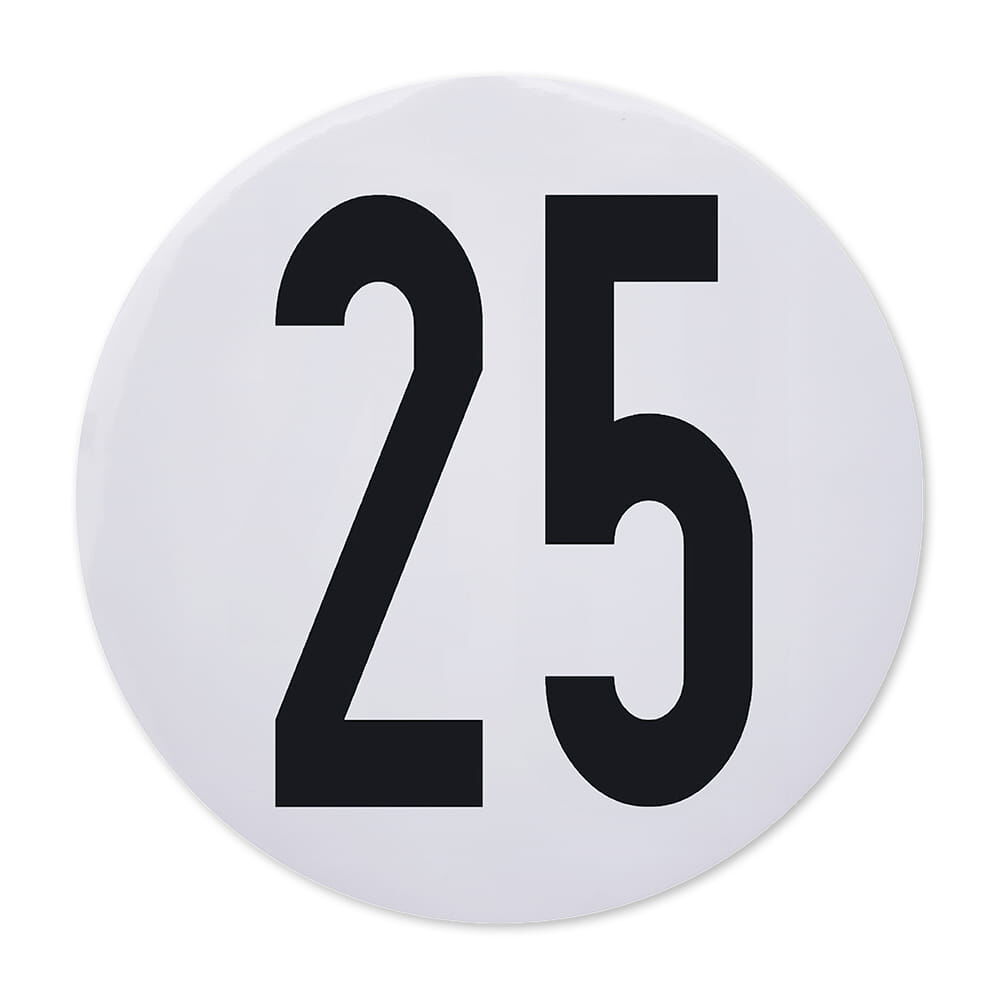 Einzelner runder 25-km/h-Aufkleber, 200 mm, weiße Folie mit schwarzer Zahl