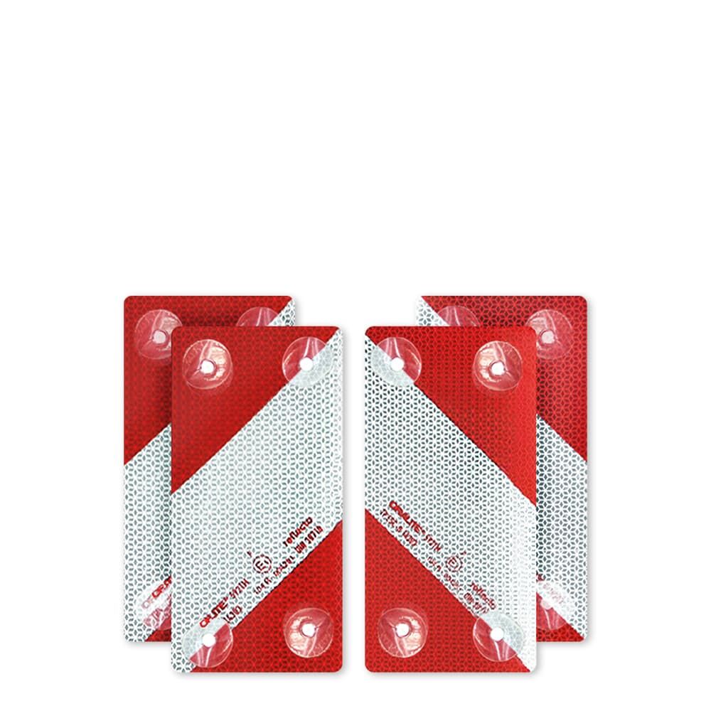 Vier Reflecto 5921M Warnmarkierungselemente mit rot-weißer RA2-Folie und Saugnapfbefestigung